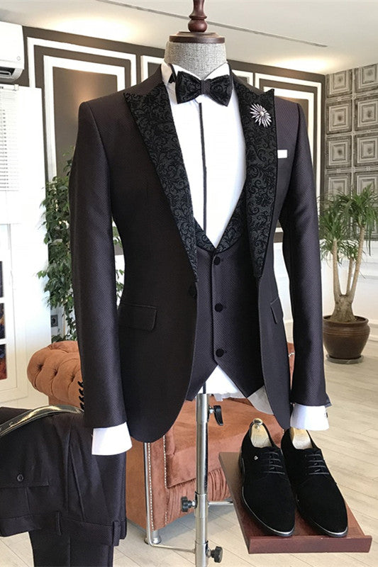 Dana Stylish Deep Wine Three Pieces Prom Suits With Black Jacquard Peaked Lapel