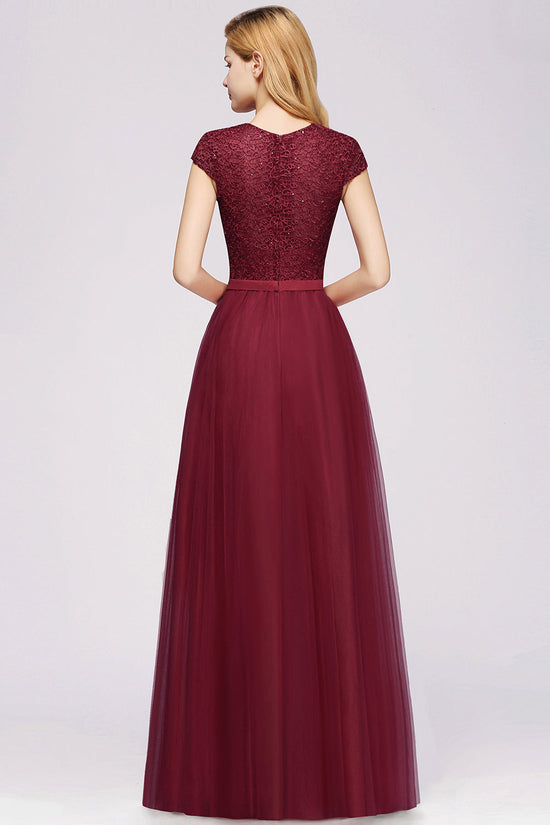 Delicate Long A-Line Lace Tulle Bridesmaid Dress with Sleeves-BIZTUNNEL