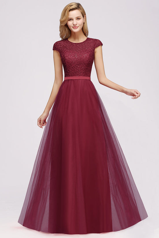 Carregar imagem no visualizador da galeria, Delicate Long A-Line Lace Tulle Bridesmaid Dress with Sleeves-BIZTUNNEL

