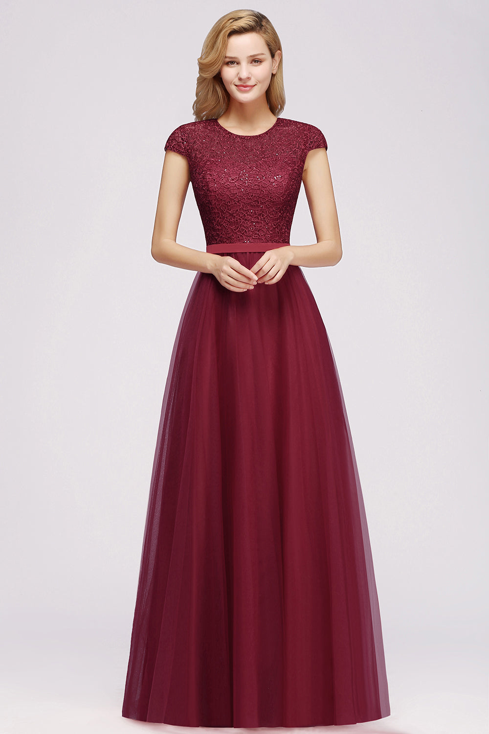 Delicate Long A-Line Lace Tulle Bridesmaid Dress with Sleeves-BIZTUNNEL