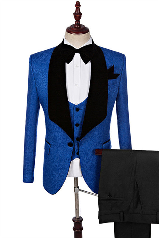 Dennis Modern Royal Blue Jacquard Three Pieces Shawl Lapel Men Wedding Suits