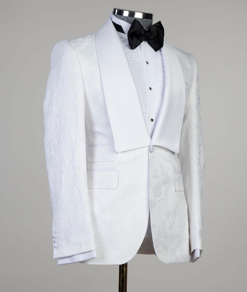
                  
                    Dennis White Jacquard Shawl Lapel Three Pieces Men Suits For Wedding
                  
                