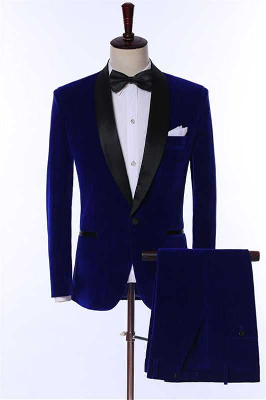 Devin Modern Navy Blue Shawl Lapel Two Pieces Velvet Wedding Suits