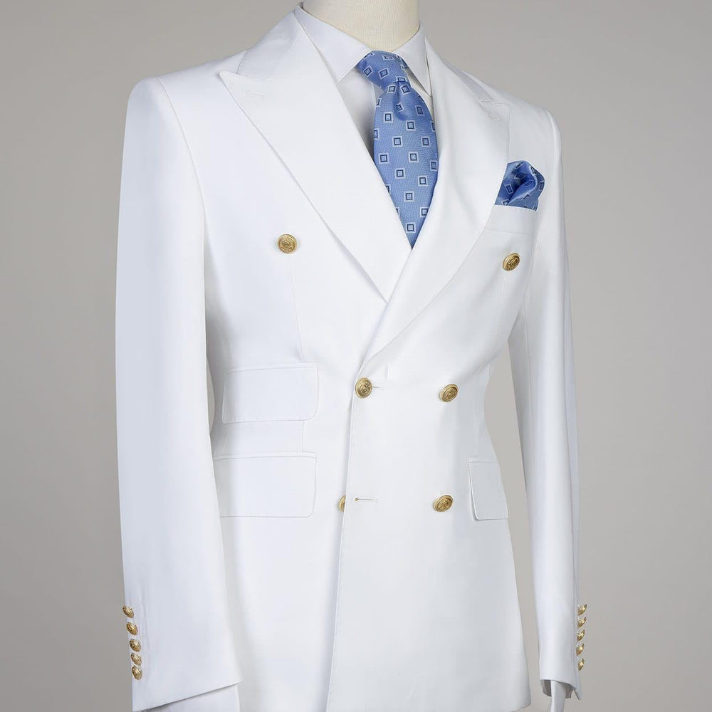 
                  
                    Dominic White Two Pieces Double Breasted Close Fitting Bespoke Men Suits
                  
                