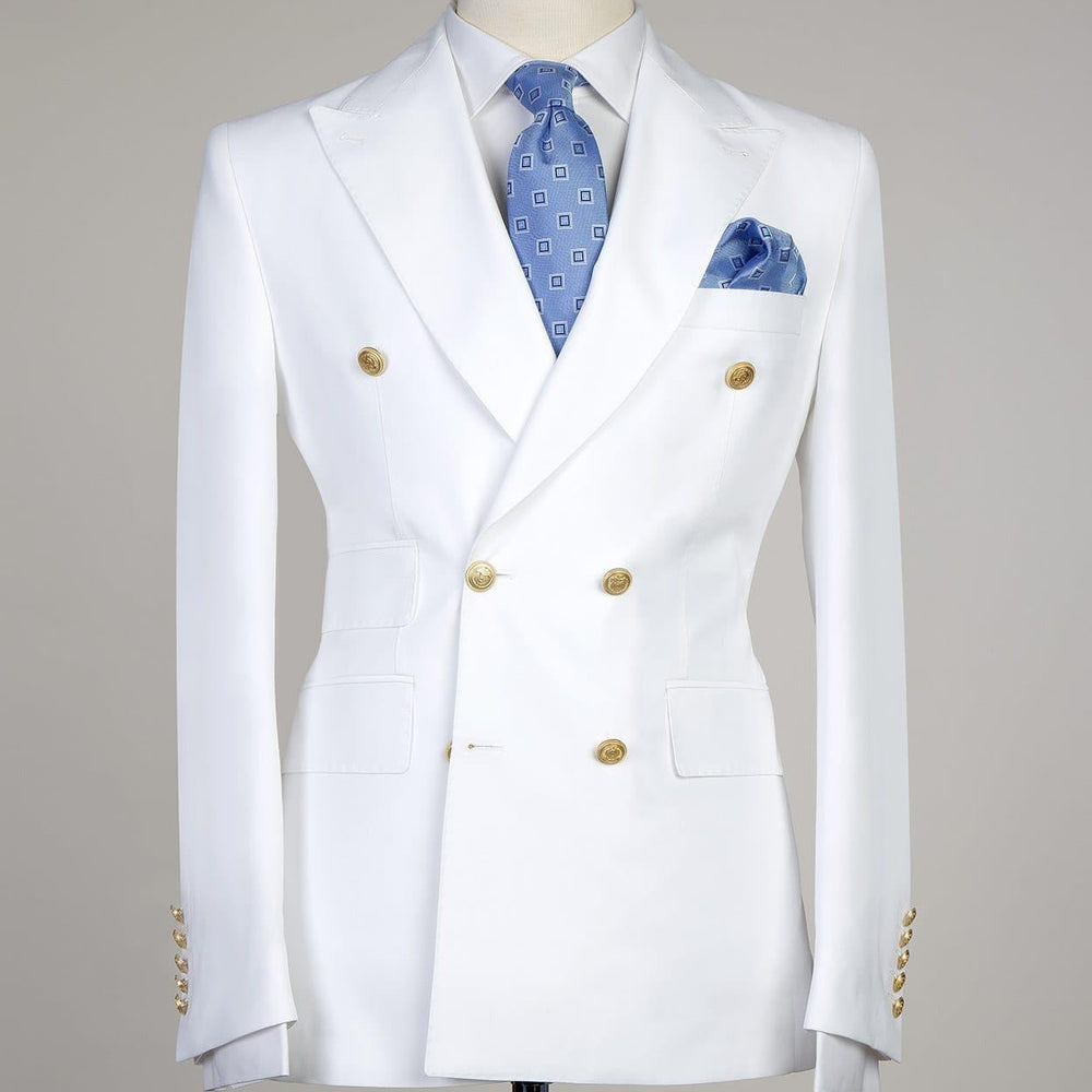 
                  
                    Dominic White Two Pieces Double Breasted Close Fitting Bespoke Men Suits
                  
                