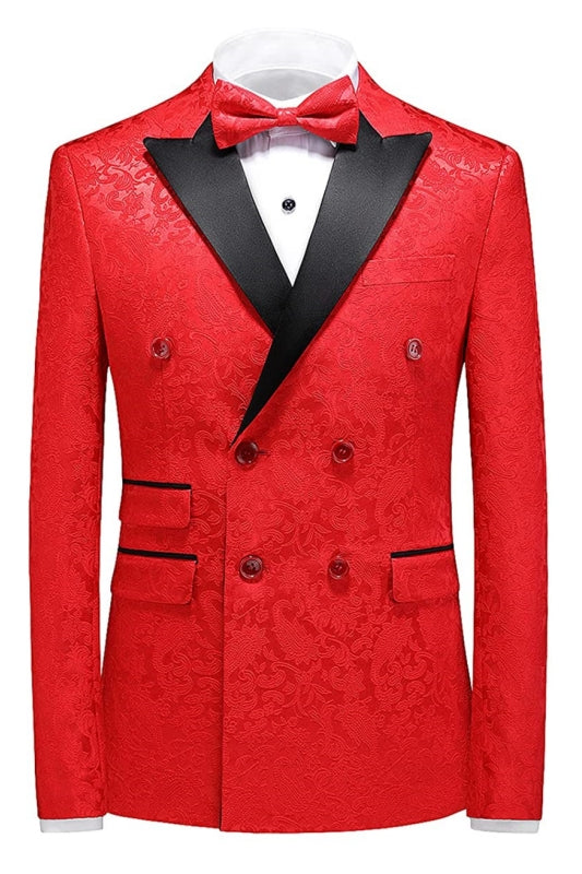 John Glamorous Double Breasted Red Three Pieces Jacquard Prom Suits