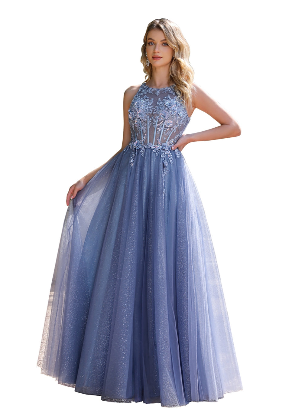 Dusty Blue Long A-line Crew Neck Tulle Floor Length Prom Dress with Ap BIZTUNNEL Dusty Blue Long A-line Crew Neck Tulle Floor Length Prom Dress with Ap BIZTUNNEL