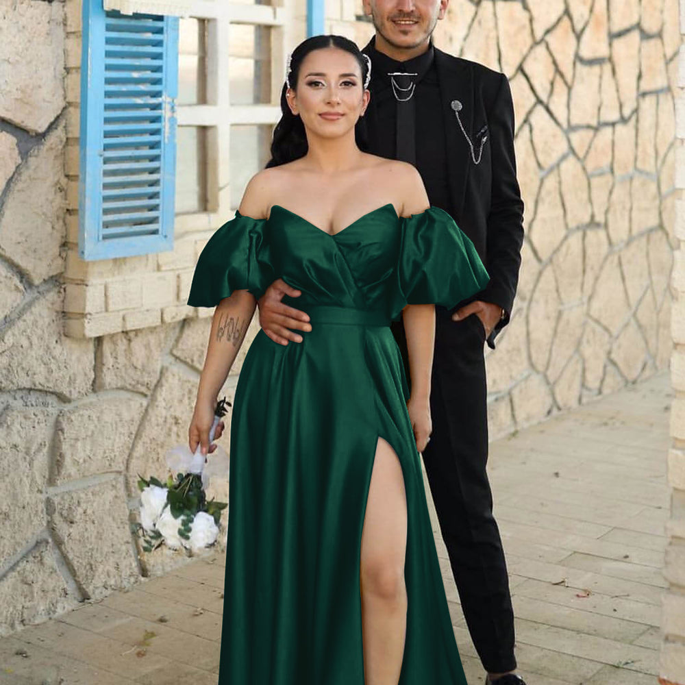 Dusty Blue Long A-line Sweetheart Off-the-Shoulder Puff Sleeve Evening Dress with Front Split