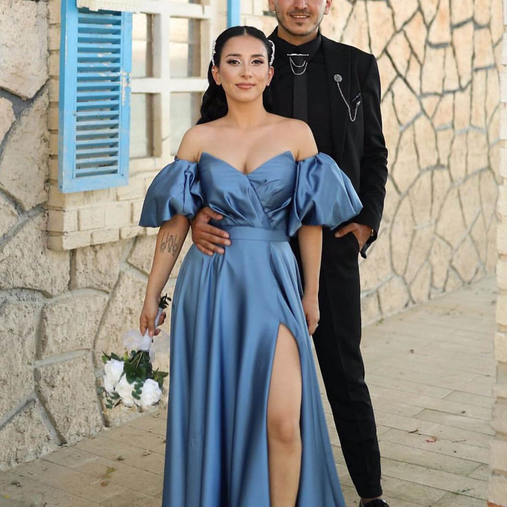 Dusty Blue Sweetheart Off-the-Shoulder Puff Sleeve Evening Dress with Front Split