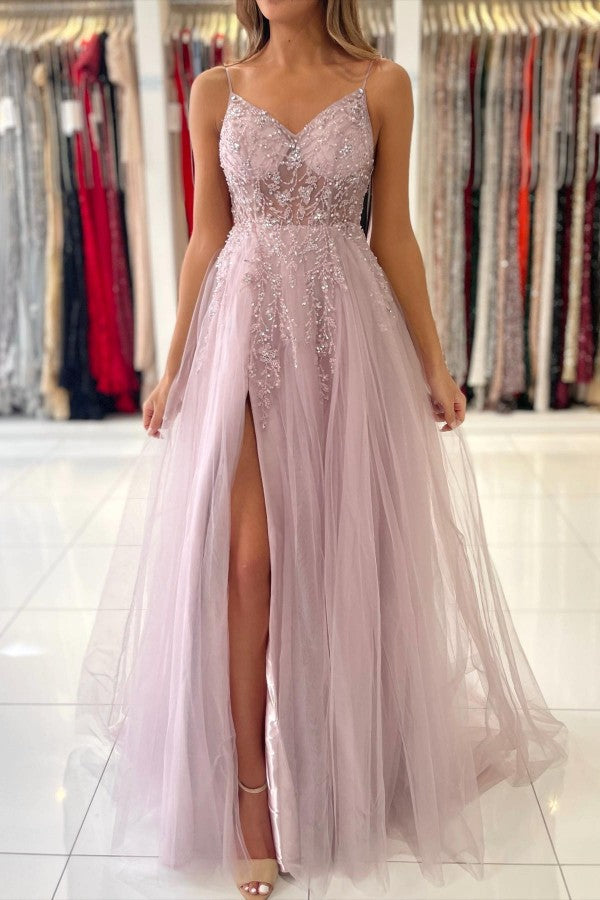 Dusty Pink Long A-line V-neck Tulle Glitter Prom Dress with Slit-BIZTUNNEL