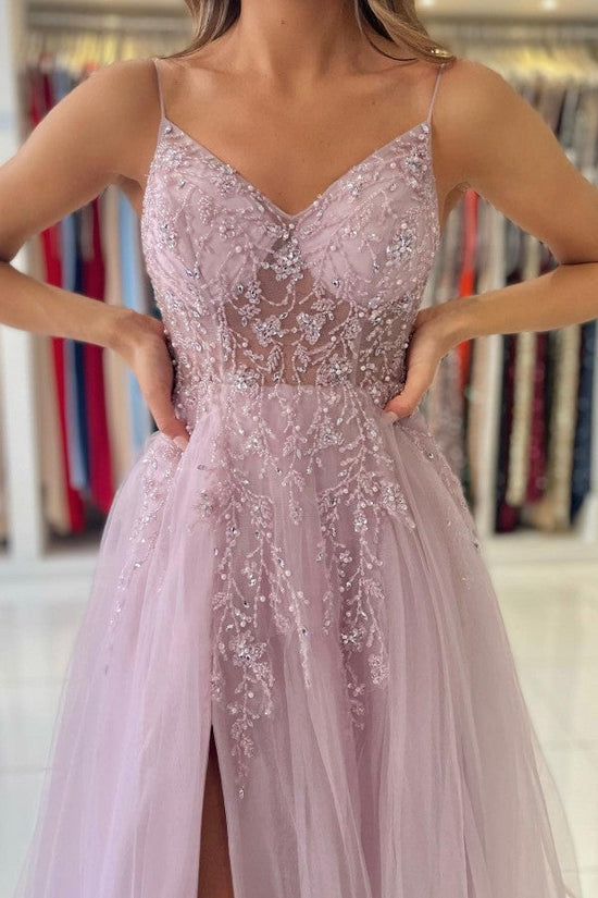 Dusty Pink Long A-line V-neck Tulle Glitter Prom Dress with Slit-BIZTUNNEL