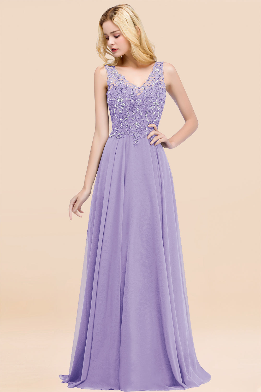 Dusty Rose Long A-line Lace V-Neck Bridesmaid Dresses With Appliques Dusty Rose Long A-line Lace V-Neck Bridesmaid Dresses With Appliques