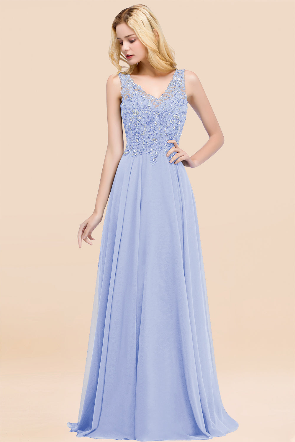 Dusty Rose Long A-line Lace V-Neck Bridesmaid Dresses With Appliques Dusty Rose Long A-line Lace V-Neck Bridesmaid Dresses With Appliques