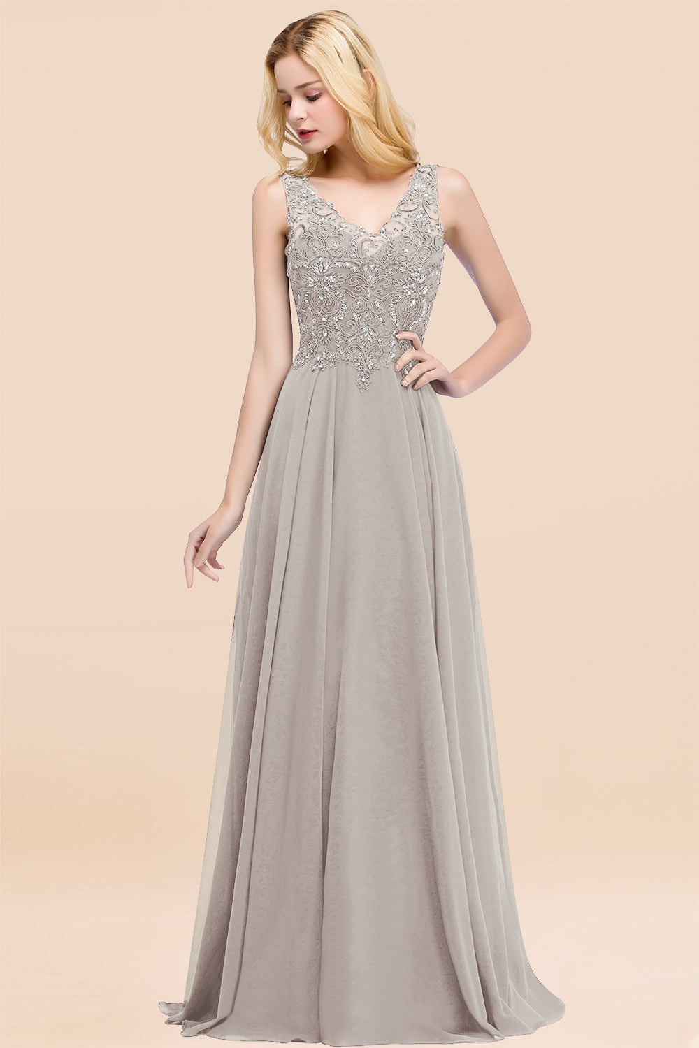 Dusty Rose Long A-line Lace V-Neck Bridesmaid Dresses With Appliques-BIZTUNNEL