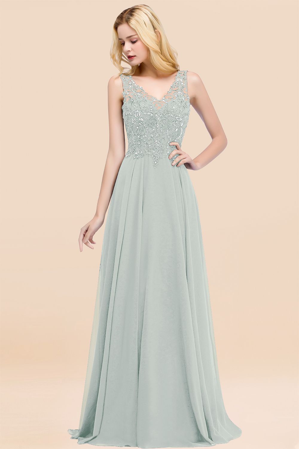 Dusty Rose Long A-line Lace V-Neck Bridesmaid Dresses With Appliques Dusty Rose Long A-line Lace V-Neck Bridesmaid Dresses With Appliques