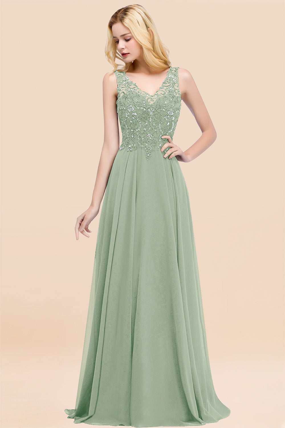 Dusty Rose Long A-line Lace V-Neck Bridesmaid Dresses With Appliques Dusty Rose Long A-line Lace V-Neck Bridesmaid Dresses With Appliques