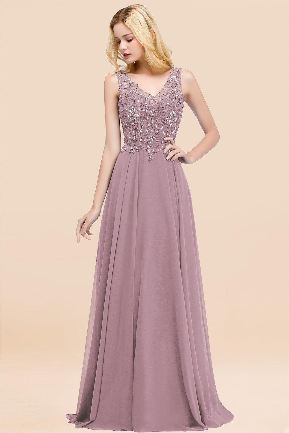 Dusty Rose Long A-line Lace V-Neck Bridesmaid Dresses With Appliques Dusty Rose Long A-line Lace V-Neck Bridesmaid Dresses With Appliques