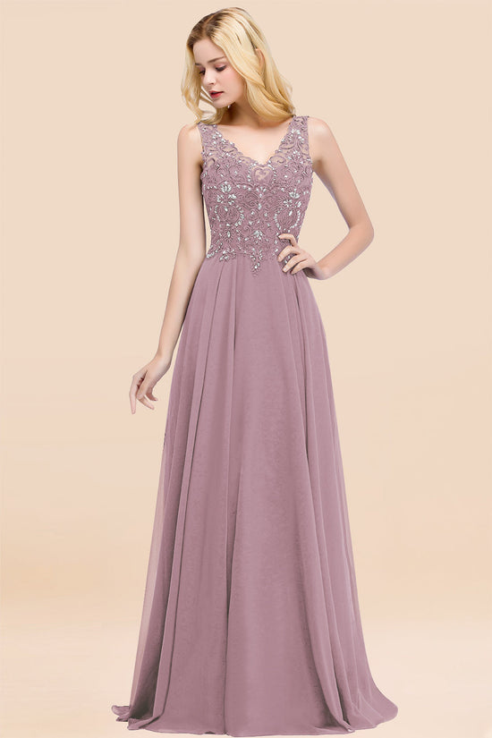 Dusty Rose Long A-line Lace V-Neck Bridesmaid Dresses With Appliques-BIZTUNNEL