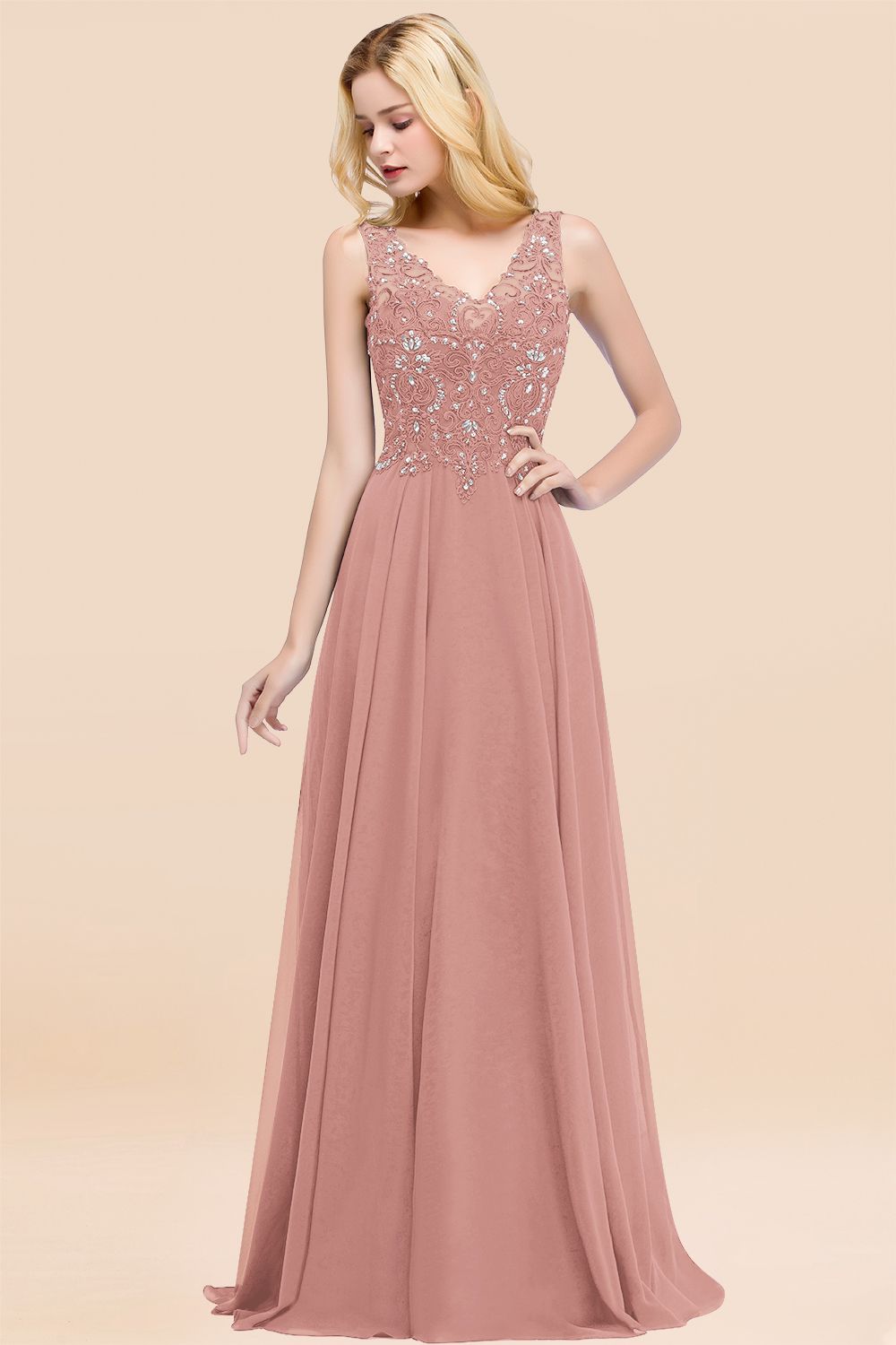 Dusty Rose Long A-line Lace V-Neck Bridesmaid Dresses With Appliques Dusty Rose Long A-line Lace V-Neck Bridesmaid Dresses With Appliques