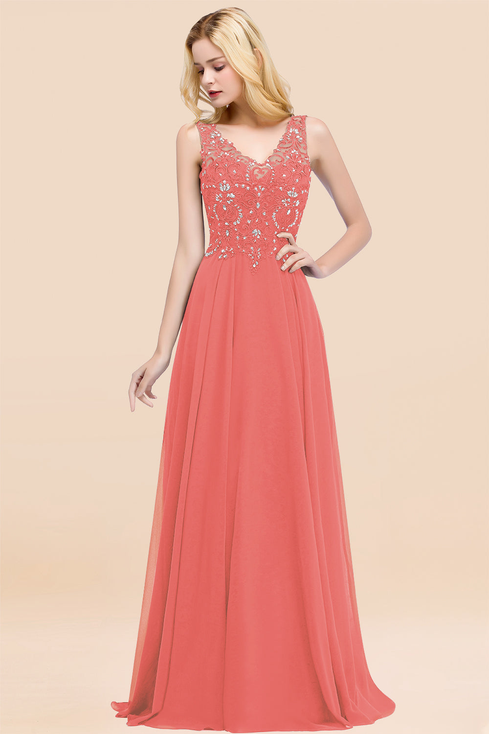 Dusty Rose Long A-line Lace V-Neck Bridesmaid Dresses With Appliques Dusty Rose Long A-line Lace V-Neck Bridesmaid Dresses With Appliques