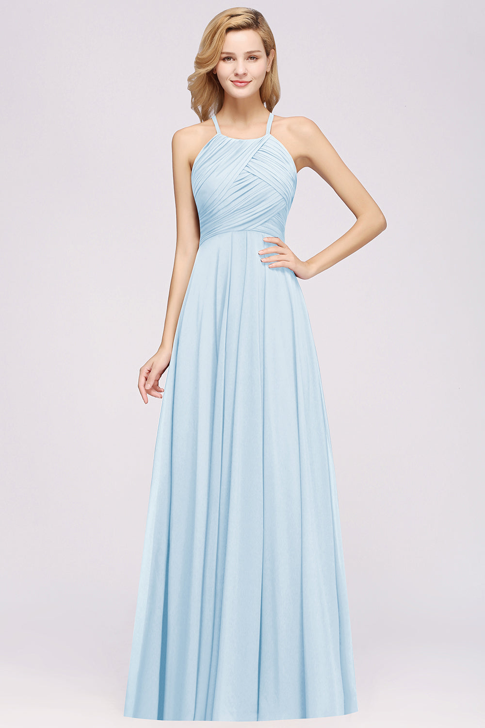 Laden Sie das Bild in den Galerie-Viewer, Elegant A-Line Chiffon Halter Ruffles Long Bridesmaid Dress-BIZTUNNEL
