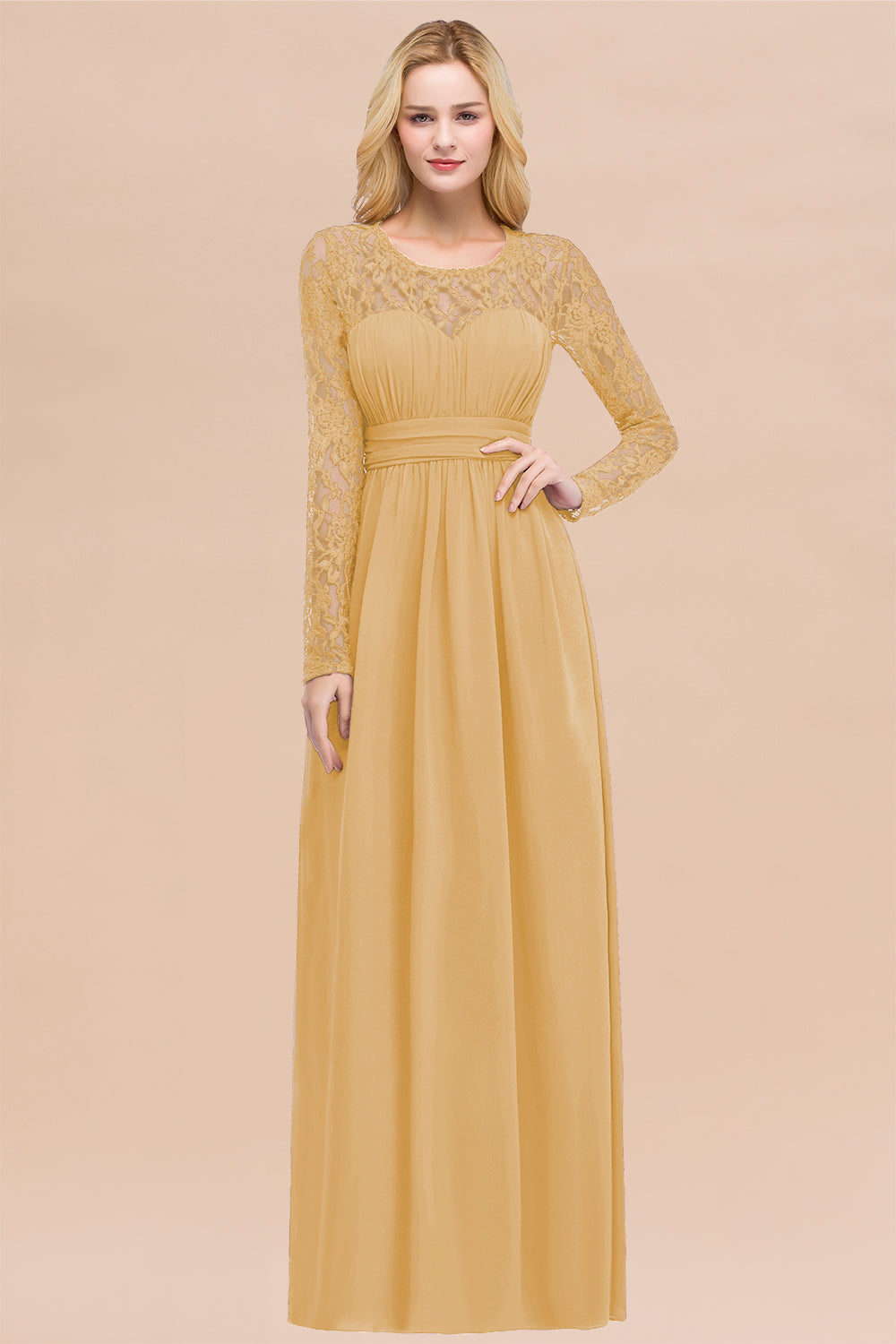 Elegant A-Line Chiffon Jewel Long Sleeves Bridesmaid Dresses with Ruff BIZTUNNEL Elegant A-Line Chiffon Jewel Long Sleeves Bridesmaid Dresses with Ruff BIZTUNNEL