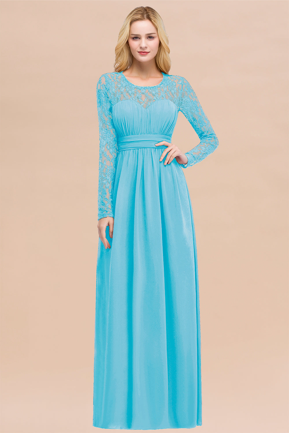 Elegant A-Line Chiffon Jewel Long Sleeves Bridesmaid Dresses with Ruffles-BIZTUNNEL