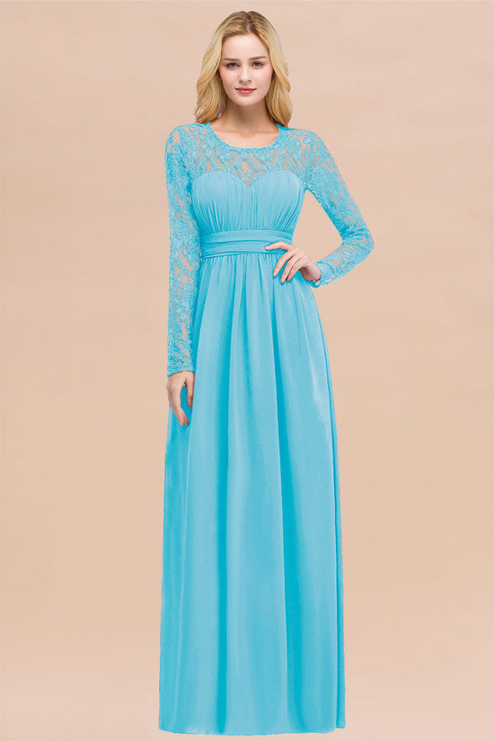 Elegant A-Line Chiffon Jewel Long Sleeves Bridesmaid Dresses with Ruffles-BIZTUNNEL