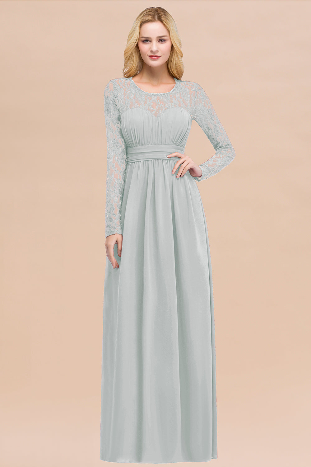Elegant A-Line Chiffon Jewel Long Sleeves Bridesmaid Dresses with Ruff BIZTUNNEL Elegant A-Line Chiffon Jewel Long Sleeves Bridesmaid Dresses with Ruff BIZTUNNEL
