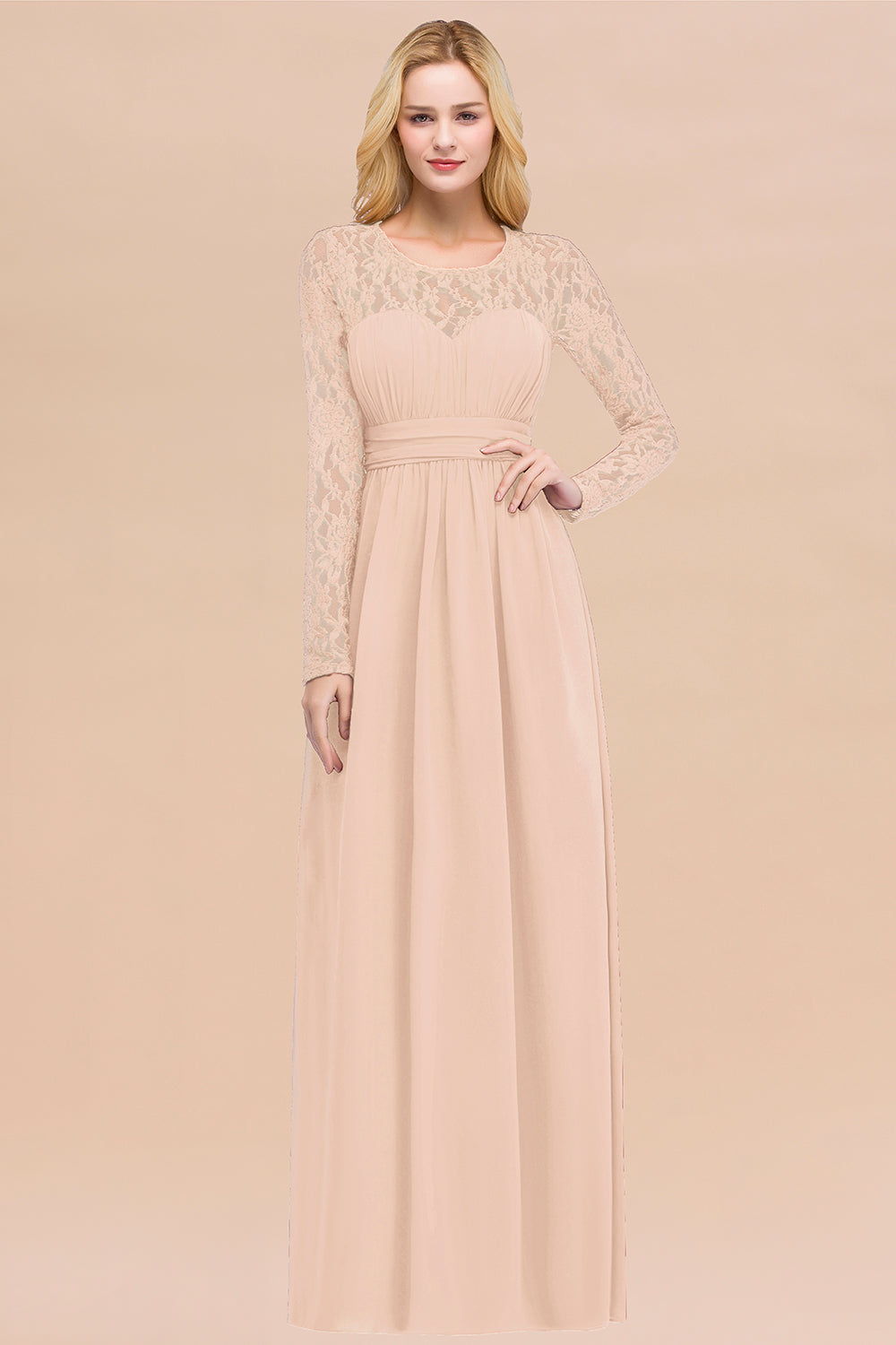 Elegant A-Line Chiffon Jewel Long Sleeves Bridesmaid Dresses with Ruffles Elegant A-Line Chiffon Jewel Long Sleeves Bridesmaid Dresses with Ruffles