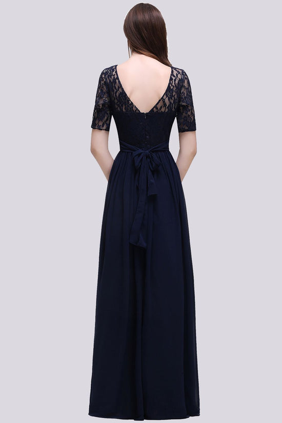 Carregar imagem no visualizador da galeria, Elegant A-line Chiffon Lace Scoop Long Bridesmaid Dress with Sleeves-BIZTUNNEL
