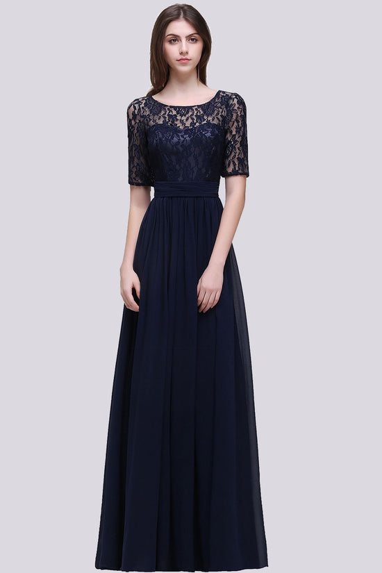 Carregar imagem no visualizador da galeria, Elegant A-line Chiffon Lace Scoop Long Bridesmaid Dress with Sleeves-BIZTUNNEL
