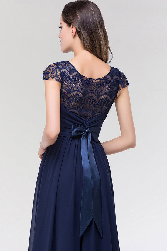 Load image into Gallery viewer, Elegant A-Line Chiffon Lace Scoop Sleeveless Ruffles Long Bridesmaid Dress-BIZTUNNEL
