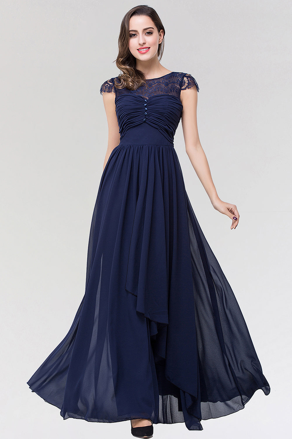 Load image into Gallery viewer, Elegant A-Line Chiffon Lace Scoop Sleeveless Ruffles Long Bridesmaid Dress-BIZTUNNEL
