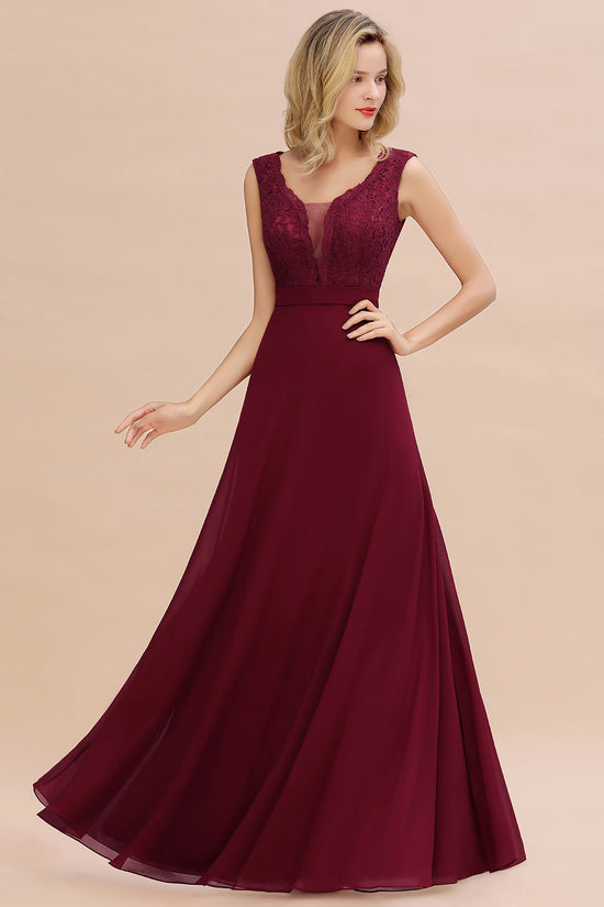 Load image into Gallery viewer, Elegant A-line Chiffon Lace V-Neck Sleeveless Long Bridesmaid Dress-BIZTUNNEL

