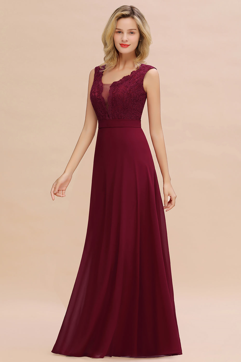 Load image into Gallery viewer, Elegant A-line Chiffon Lace V-Neck Sleeveless Long Bridesmaid Dress-BIZTUNNEL
