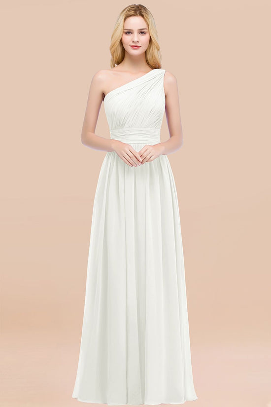 Elegant A-Line Chiffon One Shoulder Long Bridesmaid Dresses with Ruffles-BIZTUNNEL