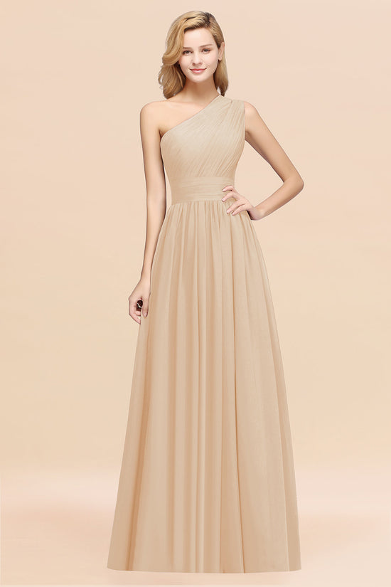 Elegant A-Line Chiffon One Shoulder Ruffles Long Bridesmaid Dresses-BIZTUNNEL