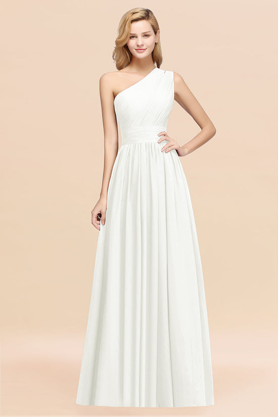Elegant A-Line Chiffon One Shoulder Ruffles Long Bridesmaid Dresses-BIZTUNNEL