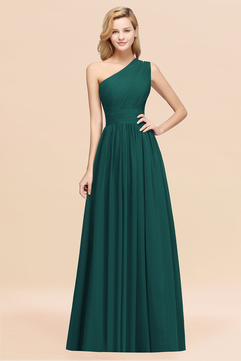 Elegant A-Line Chiffon One Shoulder Ruffles Long Bridesmaid Dresses BIZTUNNEL Elegant A-Line Chiffon One Shoulder Ruffles Long Bridesmaid Dresses BIZTUNNEL