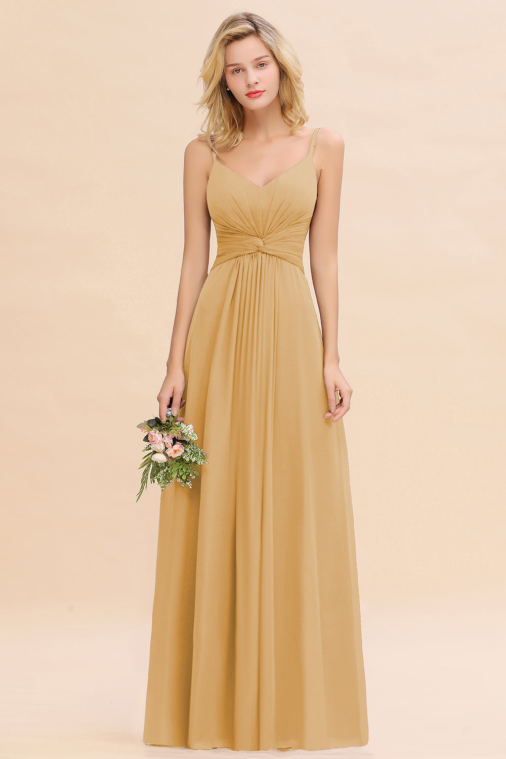 Load image into Gallery viewer, Elegant A-line Chiffon Spaghetti Straps Long Bridesmaid Dress with Ruffles-BIZTUNNEL
