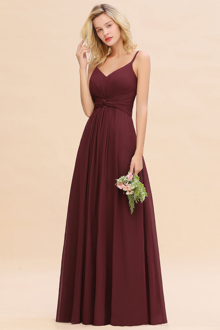 A-Line Ruched Chiffon Spaghetti Strap Bridesmaid Dress in Ruby Red main image 0