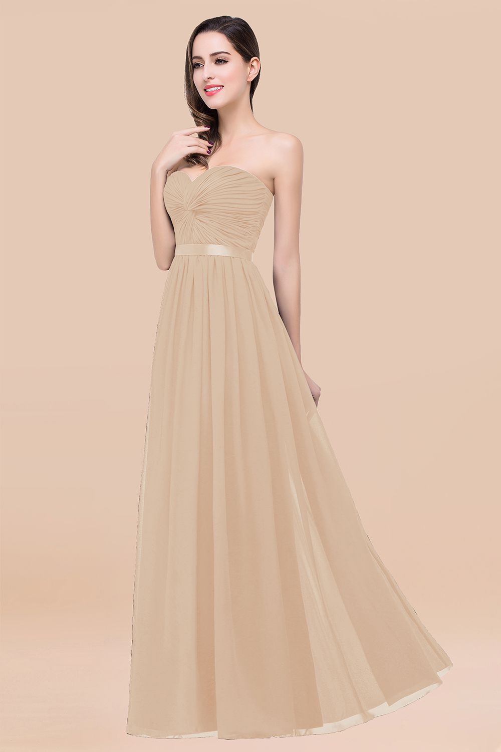 Elegant A-Line Chiffon Sweetheart Long Bridesmaid Dress with Ribbon-BIZTUNNEL