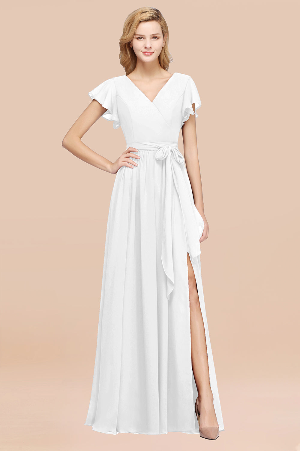 Load image into Gallery viewer, Elegant A-line Chiffon V-Neck Bow Sash Long Bridesmaid Dresses with Slit-BIZTUNNEL

