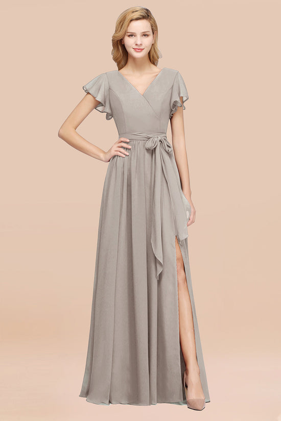 Laden Sie das Bild in den Galerie-Viewer, Elegant A-line Chiffon V-Neck Bow Sash Long Bridesmaid Dresses with Slit-BIZTUNNEL

