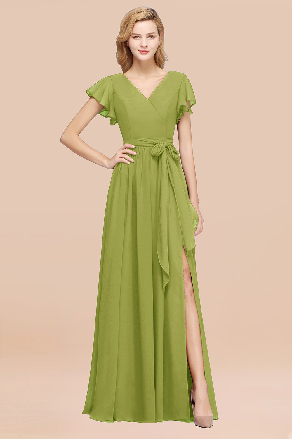 Load image into Gallery viewer, Elegant A-line Chiffon V-Neck Bow Sash Long Bridesmaid Dresses with Slit-BIZTUNNEL
