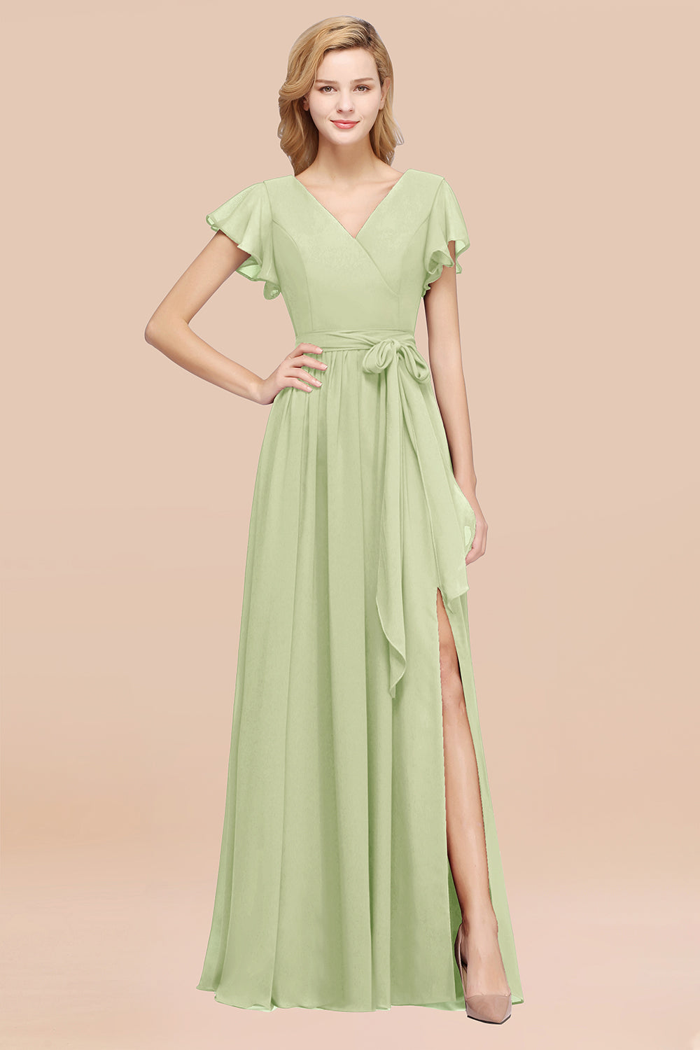 Elegant A-line Chiffon V-Neck Bow Sash Long Bridesmaid Dresses with Sl –  BIZTUNNEL