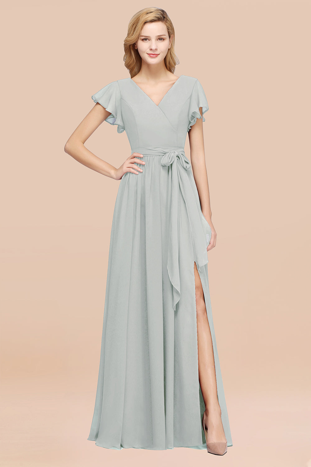 Laden Sie das Bild in den Galerie-Viewer, Elegant A-line Chiffon V-Neck Bow Sash Long Bridesmaid Dresses with Slit-BIZTUNNEL

