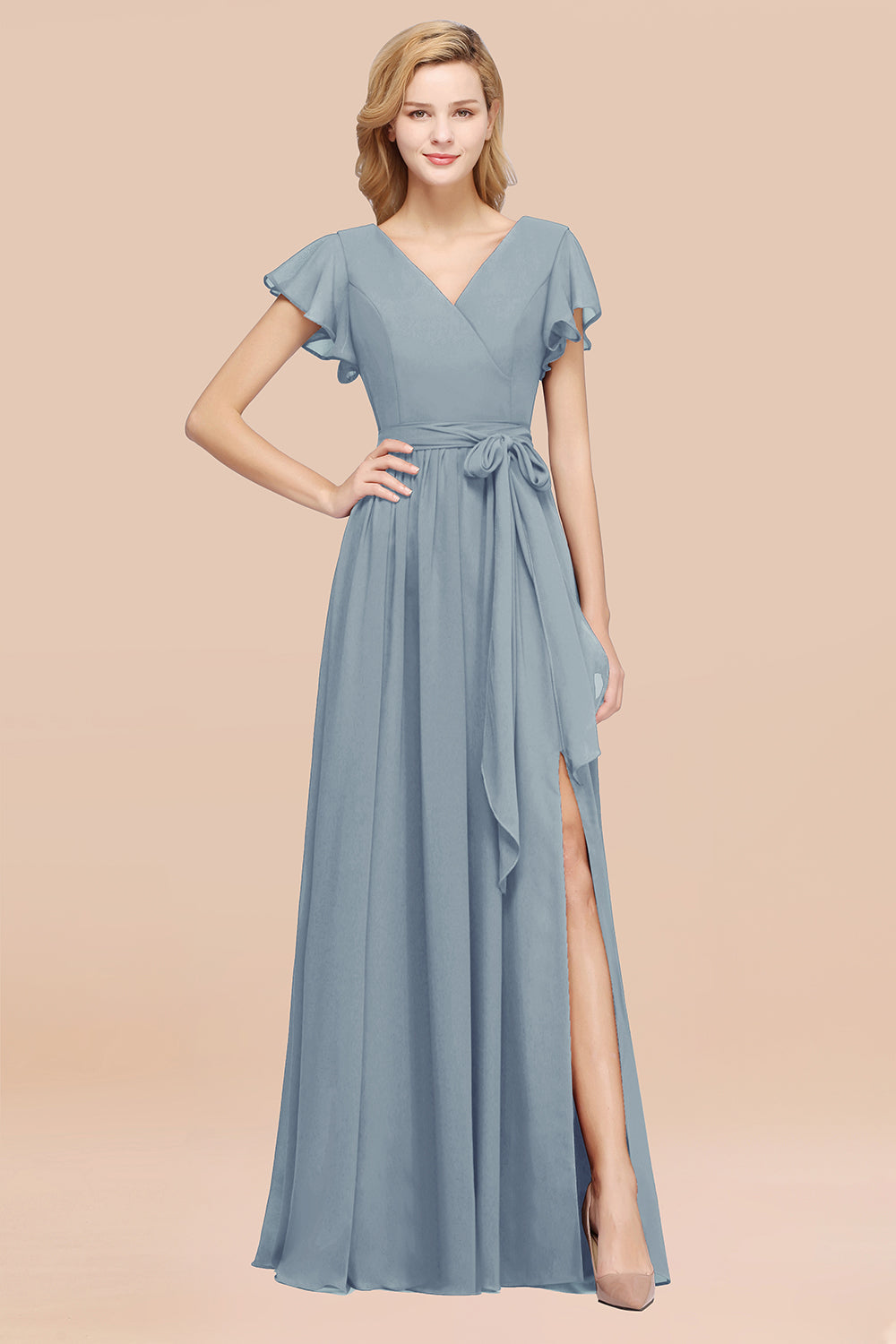 Elegant A-line Chiffon V-Neck Bow Sash Long Bridesmaid Dresses with Sl –  BIZTUNNEL