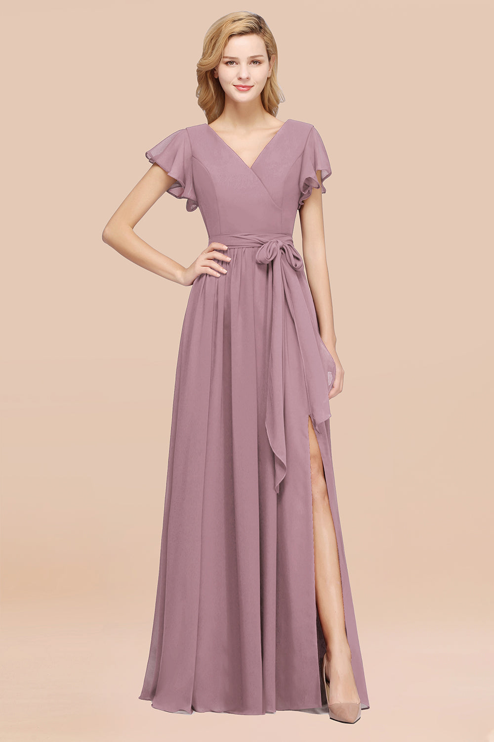 Elegant A-line Chiffon V-Neck Bow Sash Long Bridesmaid Dresses with Sl BIZTUNNEL Elegant A-line Chiffon V-Neck Bow Sash Long Bridesmaid Dresses with Sl BIZTUNNEL